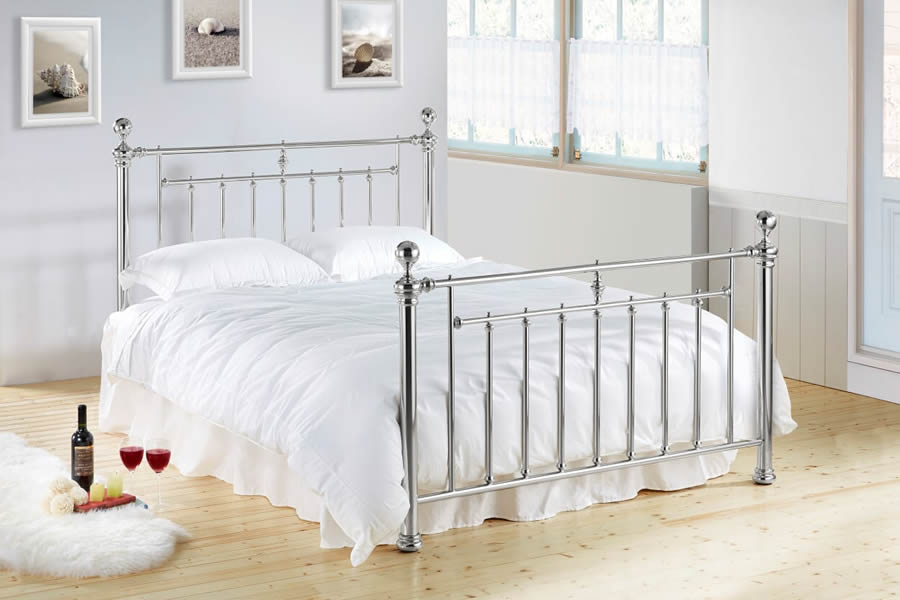 View 46 Double Chrome Metal Antique Style Georgian Inspired Bed Frame Crystal Finials Vertical Slatted Head Footboard Slatted Base Alexander information