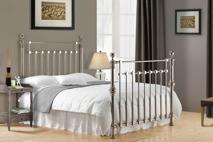View Double Size 46 Traditional Chrome Metal Bed Frame High Head Footend Victorian Design Chrome Bedstead Robust Sprung Slatted Base information