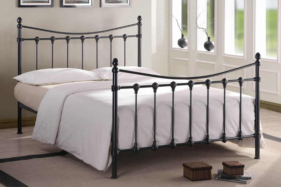 View 46 Double Black Gloss VictorianInspired Metal Bed Frame Oval Finials Tall Curved Headboard Footboard Bedstead Robust Base Florida information