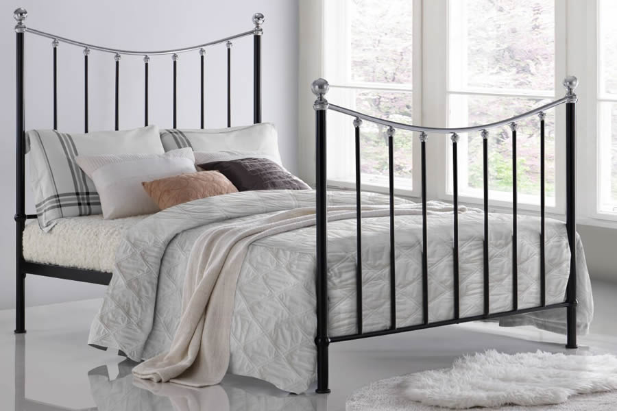 View 46 Double Victorian Styled Antique Black Chrome Metal Bedstead Bedframe Chrome Ball Finials Tall Headboard Footboard Strong Slatted Base information