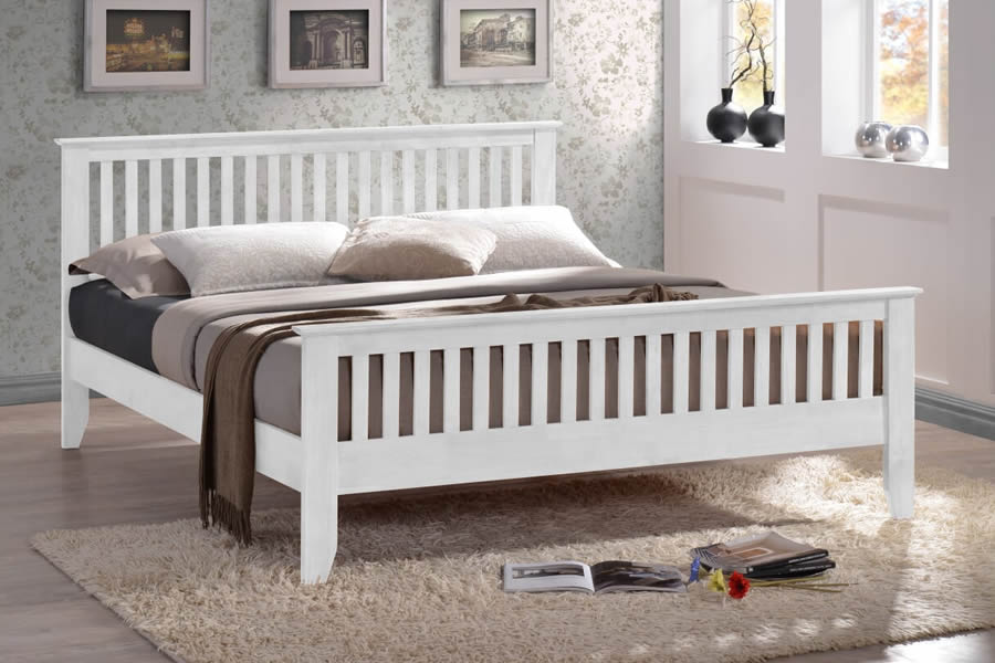 Robust Wooden Bed Frame With Slatted, White Solid Wooden Bed Frame