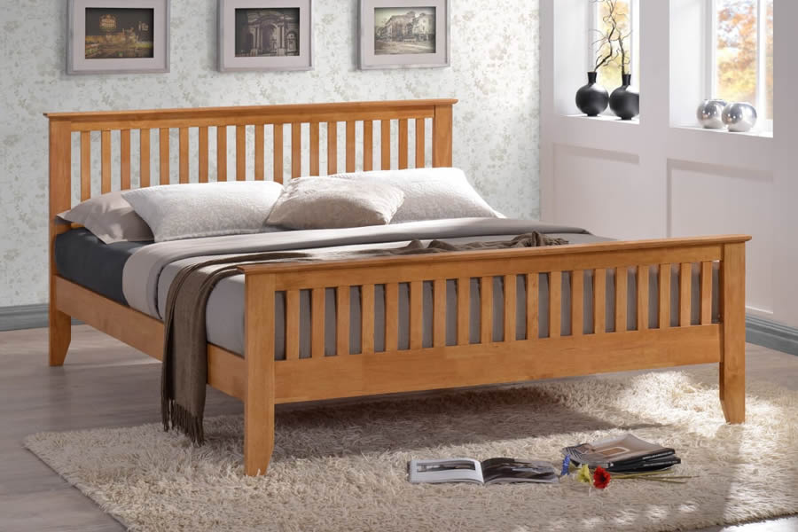 View 46 Double Honey Finish Wooden Bed Frame With Tall Vertical Slatted Headboard Footboard Robust Sprung Slatted Base Centre Rail Support information