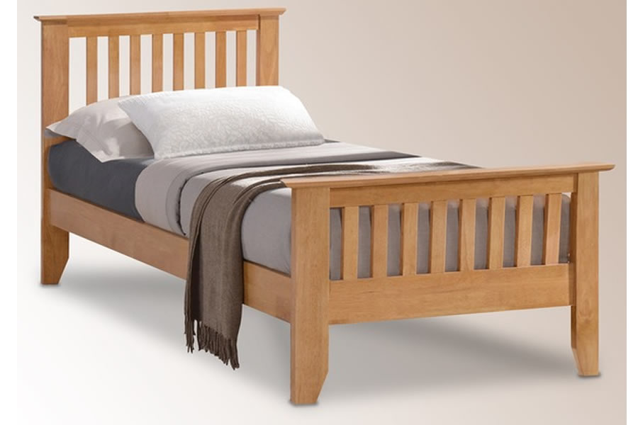 View Single 30 Honey Colour Wooden Bed Frame With Vertical Slatted Headboard Footboard Robust Sprung Slatted Base Centre Rail Support Turin information