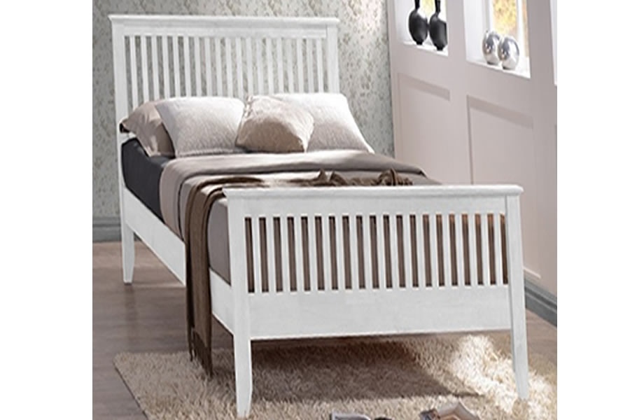 View Single 30 White Wooden Bed Frame With Vertical Slatted Headboard Footboard Robust Sprung Slatted Base Centre Rail Support Turin information