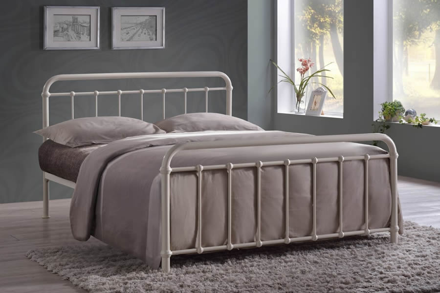 View 50 King Miami Retro AntiqueHospital Style Black Metal Tubular Bed Frame Arched Gentle Curved Headboard Steel Frame Robust Slatted Base information