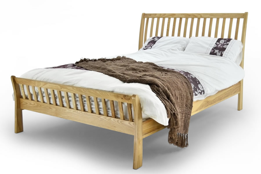 View 50 King Size Oak Sleigh Style Wooden Bed Frame Tall Slatted Head And Footend Solid Oak Timber Strong Slatted Base Slats Ashtone information