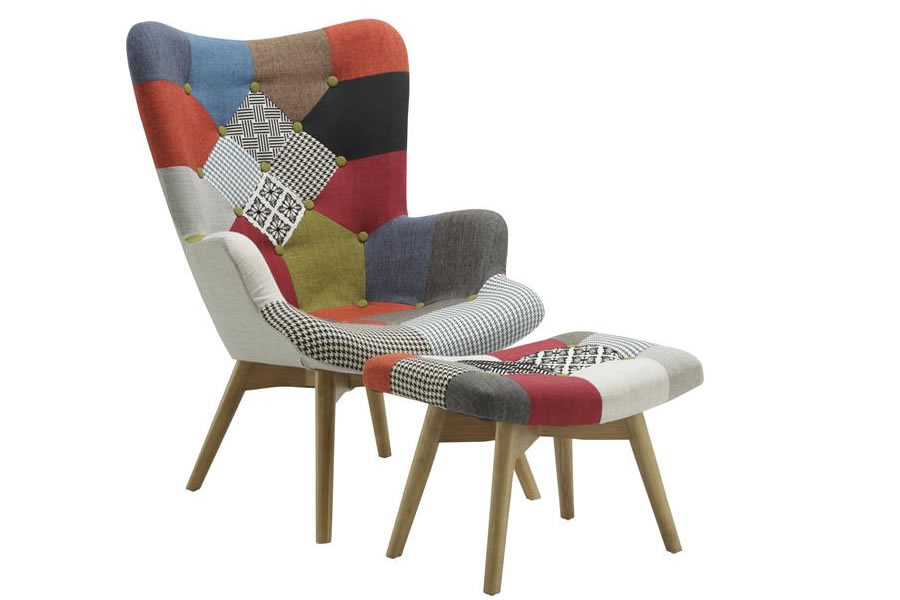 View Sloane Colourful Patchwork Bedroom Accent Armchair With Foot Stool Occasional Chair Scandinavian Style Tapered Beech Legs information