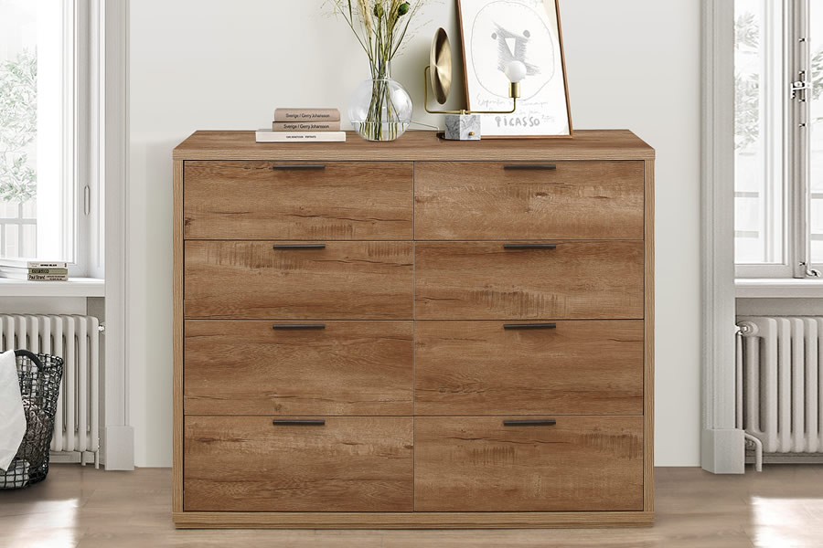 View Natural Solid Light Oak Rustic 8 Drawer Storage Chest Of Drawers 8 Small Drawers Black Pull Handles Birlea Stockwell information