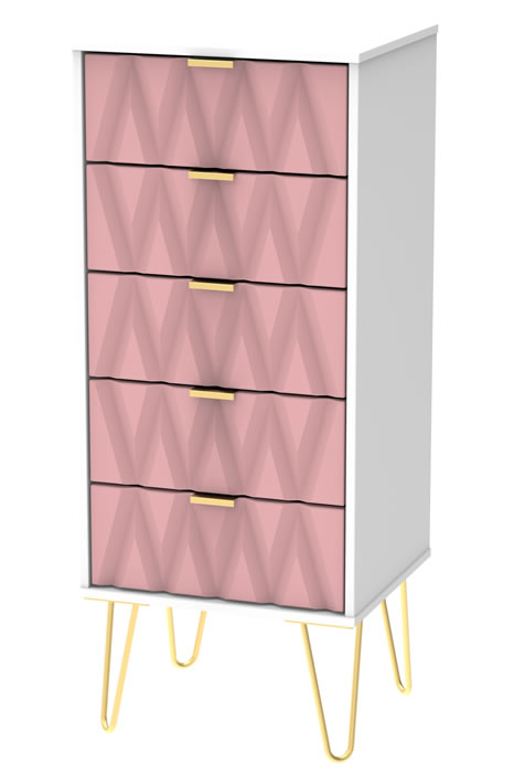 View White Modern 5 Wide Drawer Narrow Bedroom Chest White or Pink Finish Diamond Pattern On Drawer Fronts Gold Metal Pin Style Legs Gold Pull Hand information