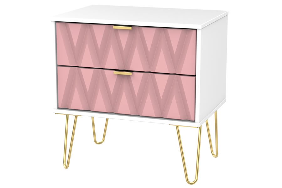 View Modern 2 Drawer Medium Size Pink Two Drawer Bedroom Chest Diamond Pattern On Drawer Fronts Gold Metal Pin Style Legs Gold Pull Handles information