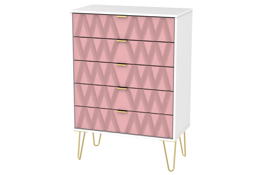 View Pink Modern 5 Wide Drawer Bedroom Chest Pink Finish Diamond Pattern On Drawer Fronts Gold Metal Pin Style Legs Gold Pull Handles information