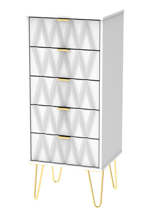 View White Modern 5 Wide Drawer Narrow Bedroom Chest White or Pink Finish Diamond Pattern On Drawer Fronts Gold Metal Pin Style Legs Gold Pull Hand information