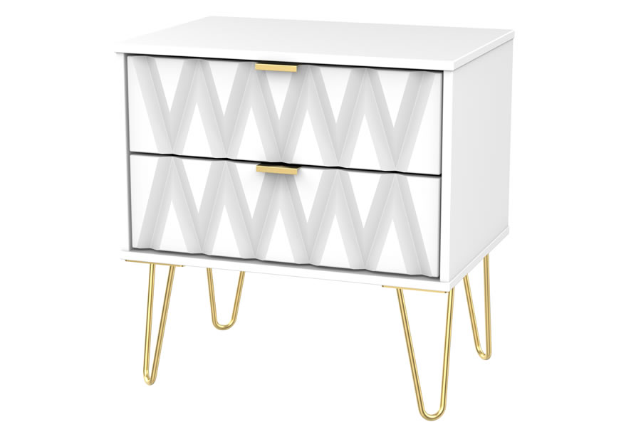 View Modern 2 Drawer Medium Size White Two Drawer Bedroom Chest Diamond Pattern On Drawer Fronts Gold Metal Pin Style Legs Gold Pull Handles information