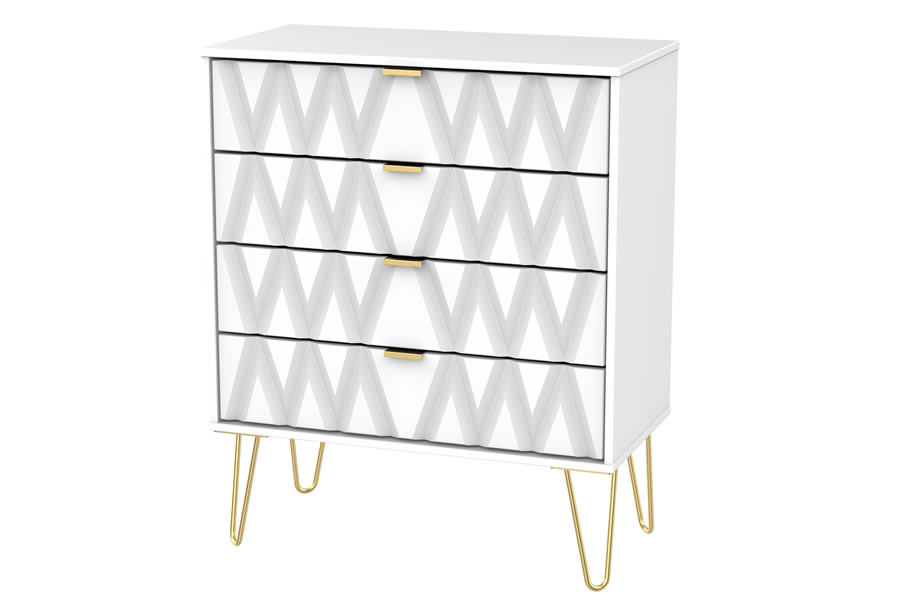 View Modern 4 Wide Drawer Bedroom Chest Pink Or White Finish Diamond Pattern On Drawer Fronts Gold Metal Pin Style Legs Gold Pull Handles information