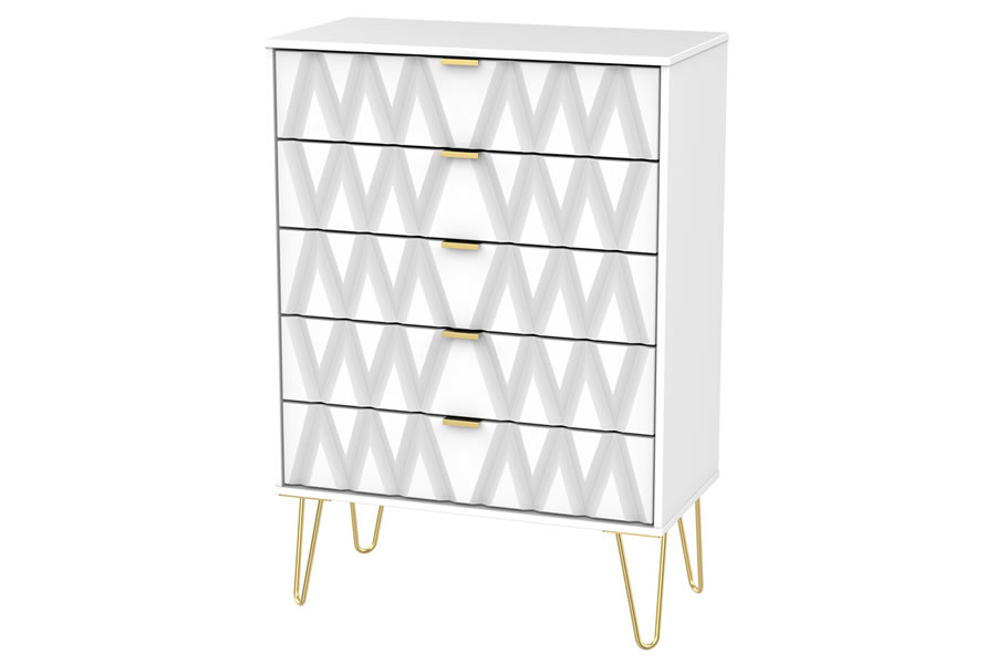 View White Modern 5 Wide Drawer Bedroom Chest White Finish Diamond Pattern On Drawer Fronts Gold Metal Pin Style Legs Gold Pull Handles information