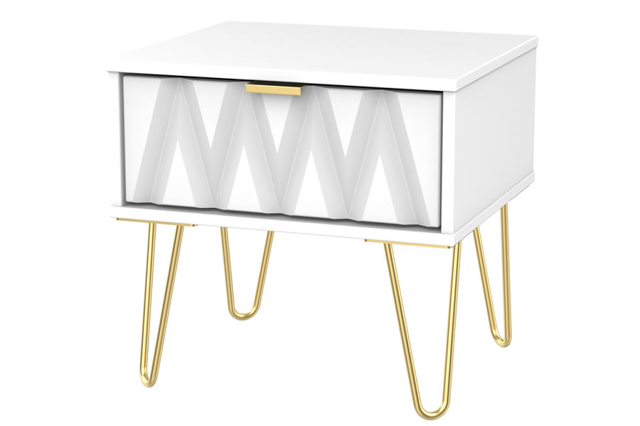 View Modern White 1 Drawer Bedside Chest Storage Locker Attractive Diamond Drawer Effect Golds Metal Pin Style Legs With Gold Handle Diamond information