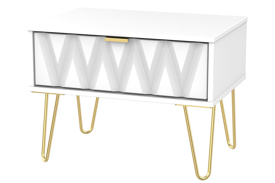View Modern 1 Drawer Medium Size White Two Drawer Bedroom Chest Diamond Pattern On Drawer Fronts Gold Metal Pin Style Legs Gold Pull Handles information