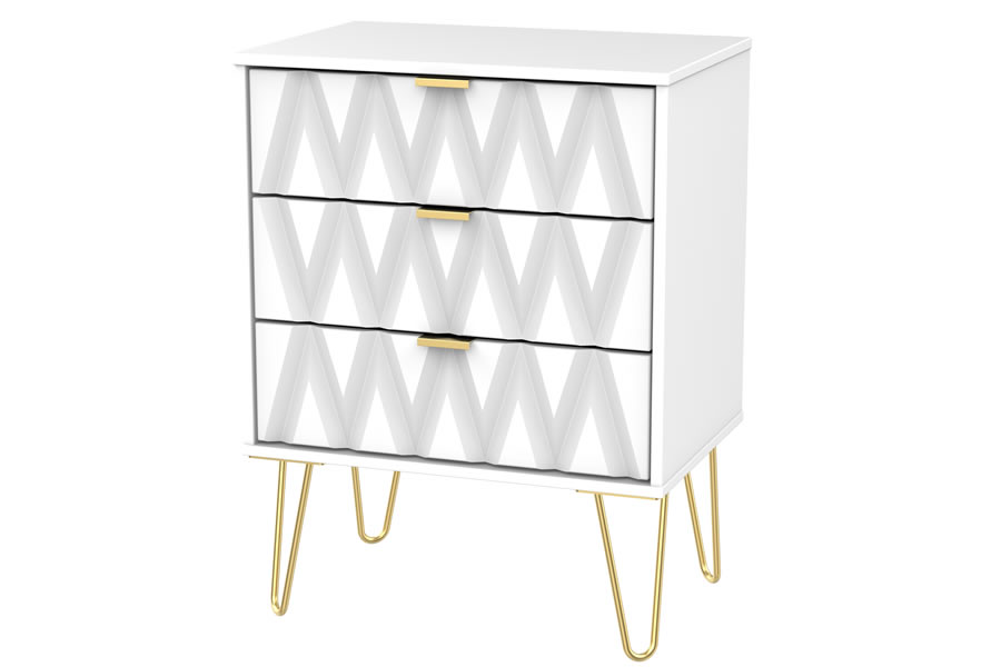 View White Modern 3 Wide Drawer Bedroom Chest White Or Pink Finish Diamond Pattern On Drawer Fronts Gold Metal Pin Style Legs Gold Pull Handles information