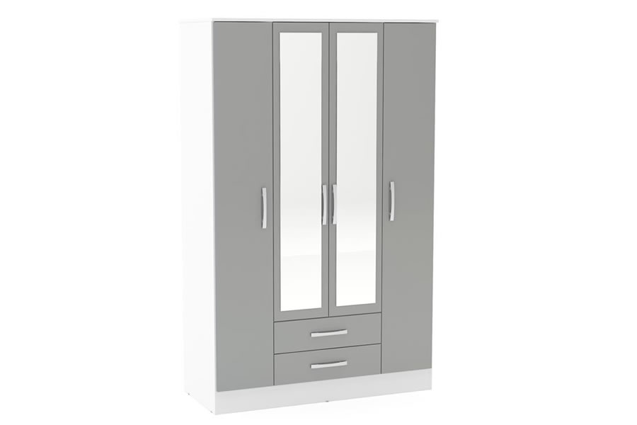 White Grey Large 4 Door Wardrobe With Mirror And 2 Drawers Lynx
