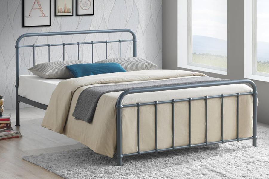 View Grey 40 Double Bed Miami Metal Hospital Style Metal Tubular Bed Frame Arched Gentle Curved Headboard Steel Frame With Robust Slatted Base information