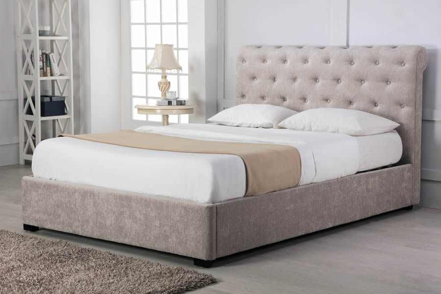 View Beige Chenille Fabric Double Size 46 Side Opening Ottoman LiftUp Storage Bed Frame Deeply Buttoned Scroll Head Foot End Balmoral information
