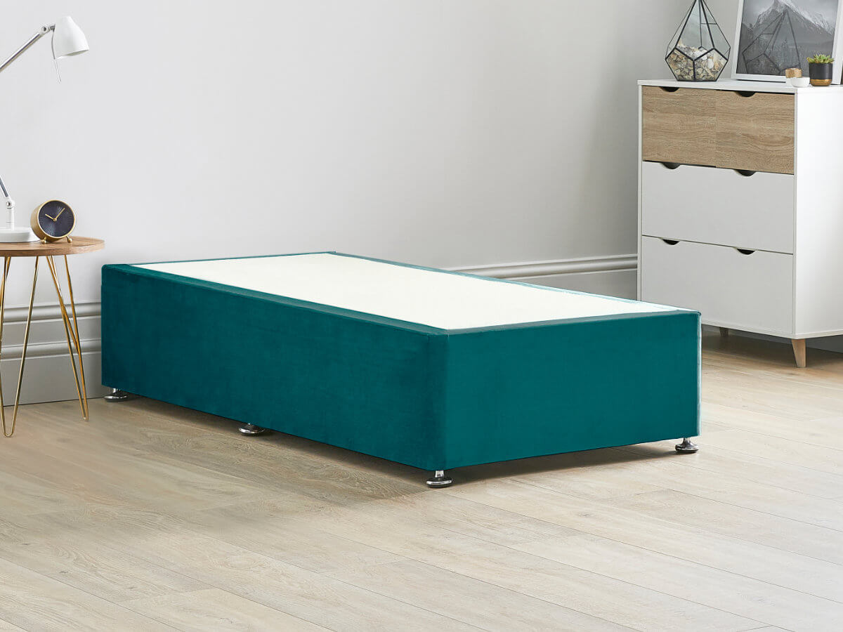 View Platform Top Divan Bed Base 30 Standard Single Mallard Green Solid Sides Ends Chrome Fixed Glide Feet 16 41cm Height Base information