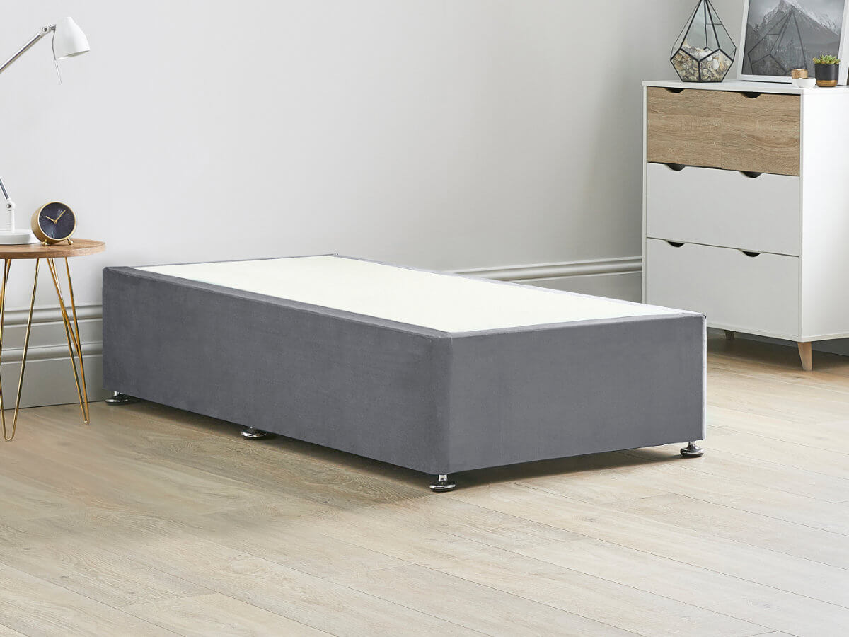 View Platform Top Divan Bed Base 30 Standard Single Titanium Grey Solid Sides Ends Chrome Fixed Glide Feet 16 41cm Height Base information