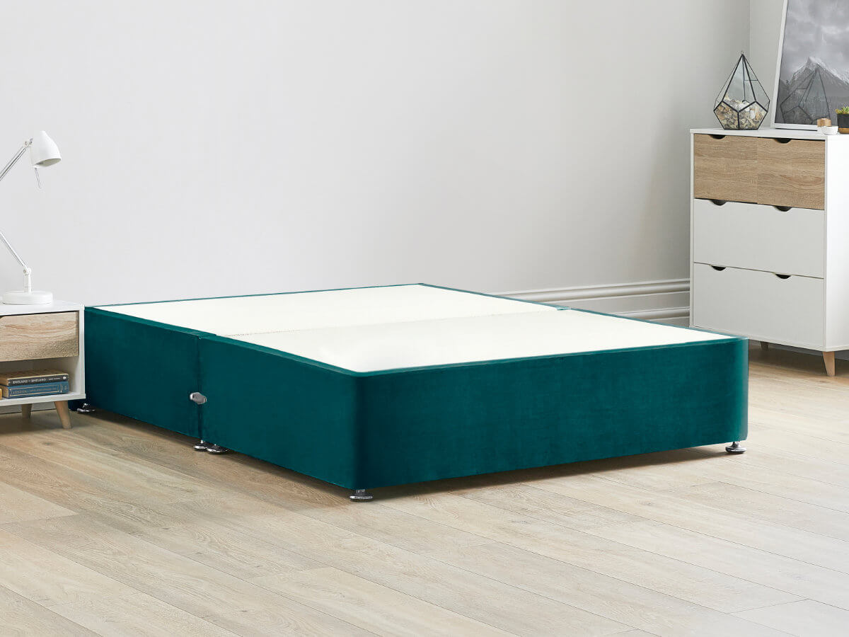 View Reinforced Divan Bed Base 60 Super King Mallard Blue Heavy Duty Solid 18mm Sides Top Base 16 41cm Base Height information