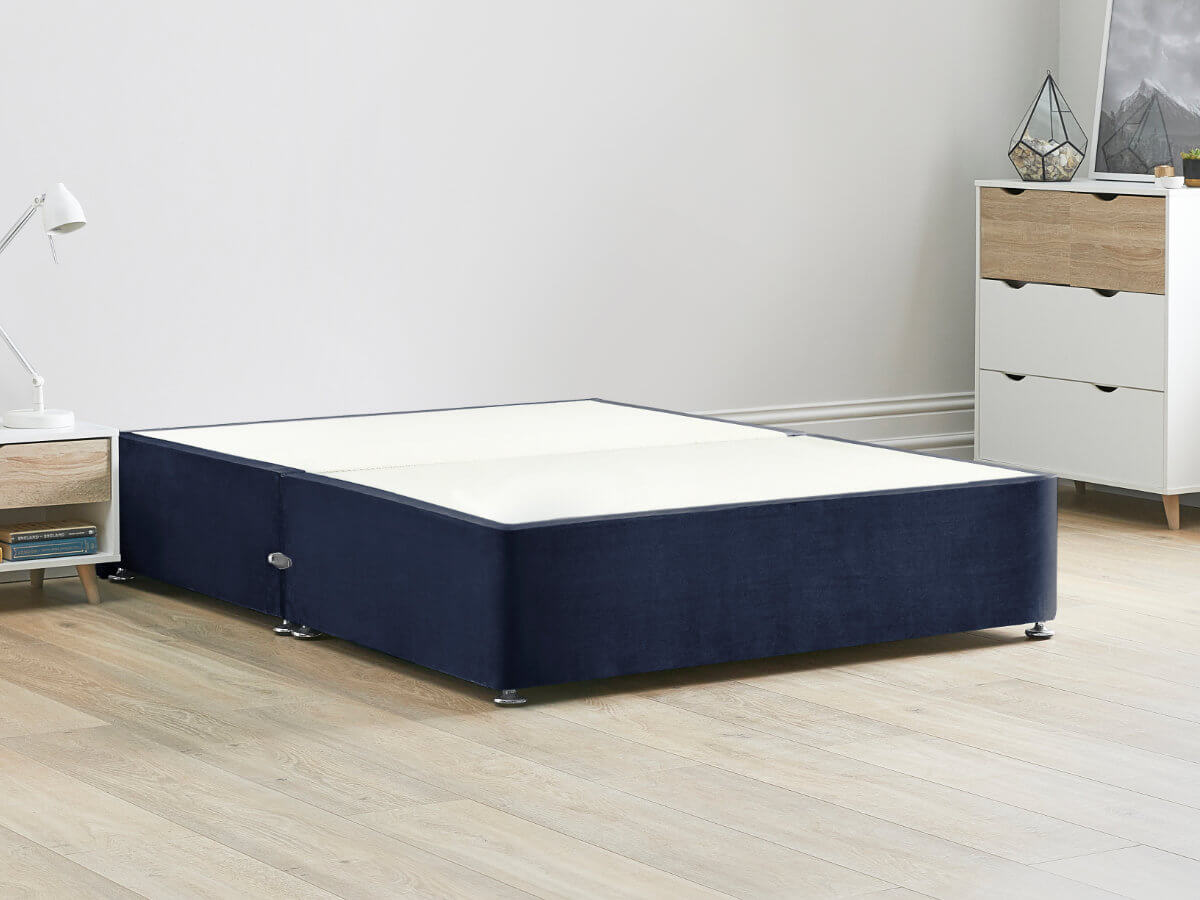 View Platform Top Divan Bed Base 40 Small Double Sapphire Blue Solid Sides Ends Chrome Fixed Glide Feet 16 41cm Height Base information