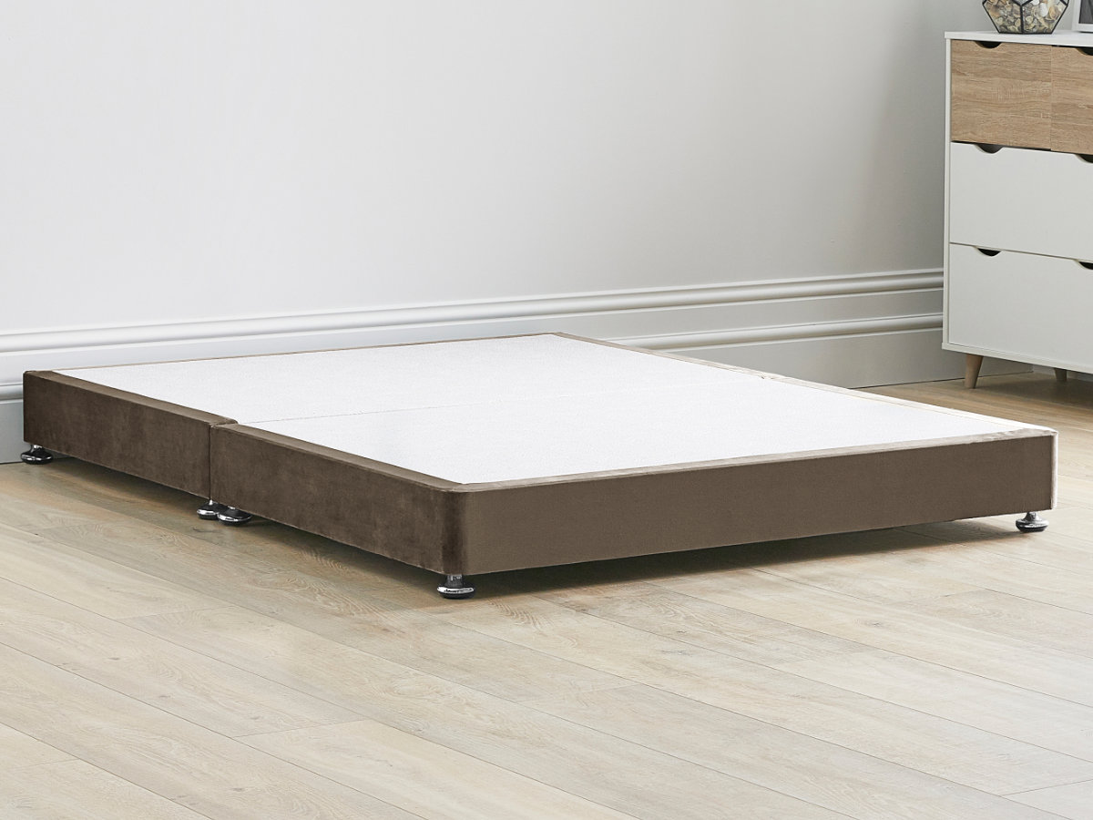View 8 Low Divan Bed Base 50 King Size Mocha Brown Solid Sides Ends Chrome Fixed Glide Feet 20cm Height Base information