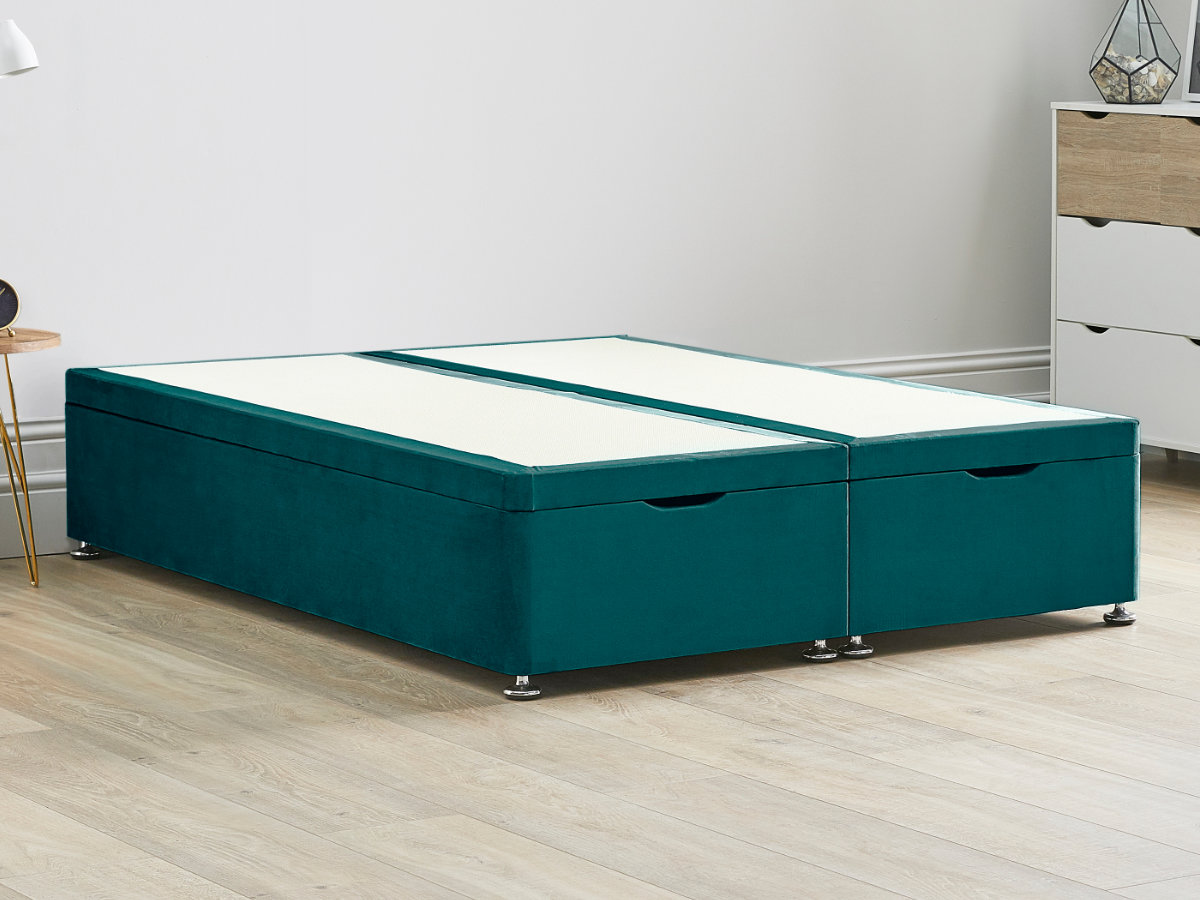 View Ottoman End Lift Divan Bed Base 60 Super King Mallard Green Solid Sides Top Base Fixed Chrome Glide Feet information