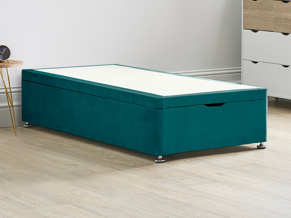 View Ottoman End Lift Divan Bed Base 30 Standard Single Mallard Green Solid Sides Top Base Fixed Chrome Glide Feet information