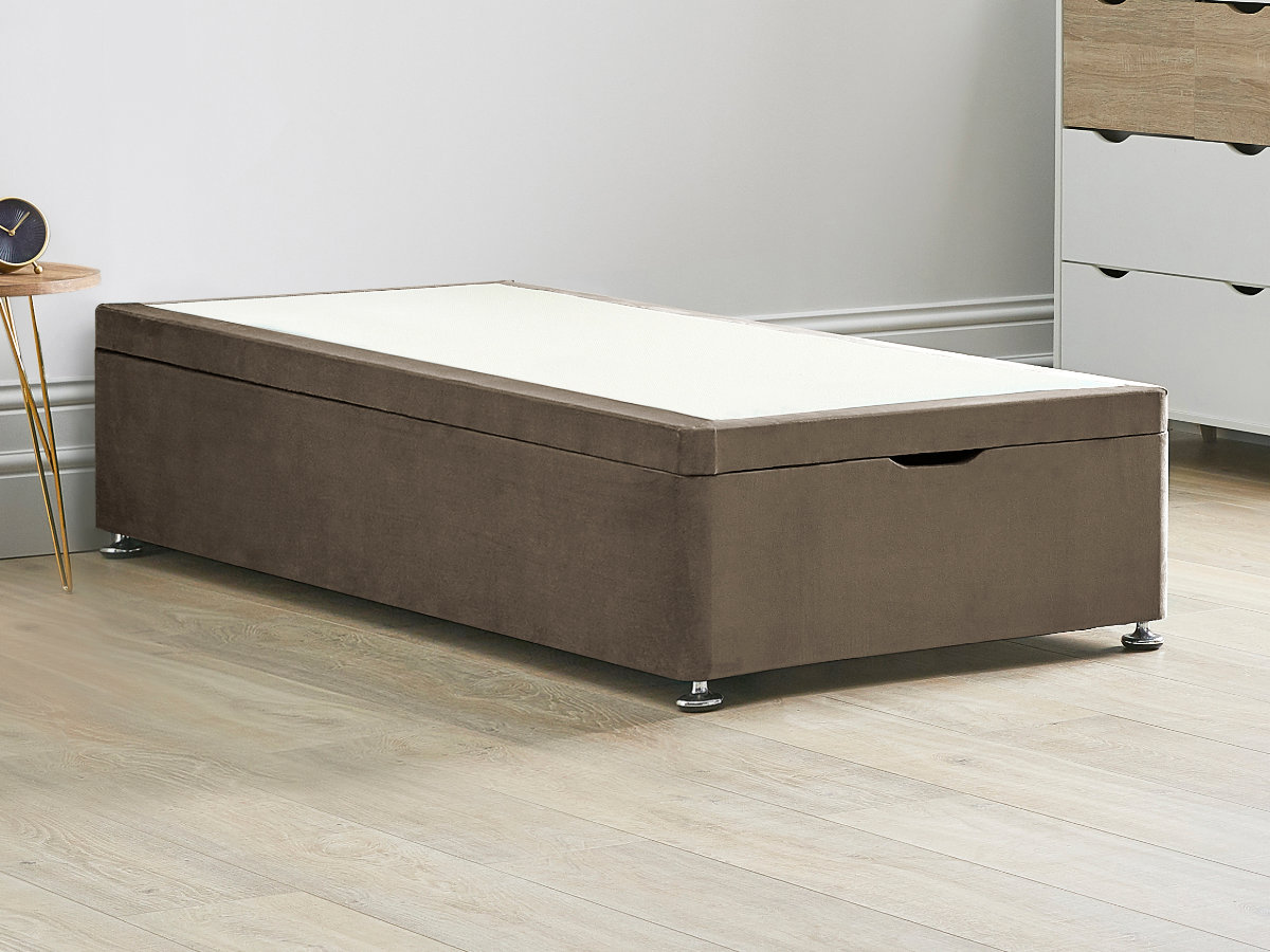 View Ottoman End Lift Divan Bed Base 30 Standard Single Mocha Brown Solid Sides Top Base Fixed Chrome Glide Feet information