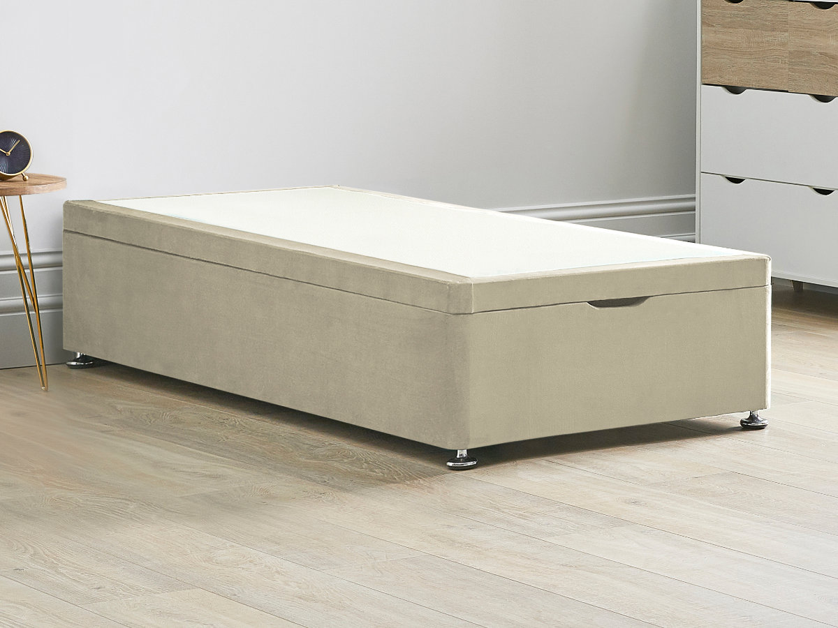 View Ottoman End Lift Divan Bed Base 30 Standard Single Oatmeal Cream Solid Sides Top Base Fixed Chrome Glide Feet information
