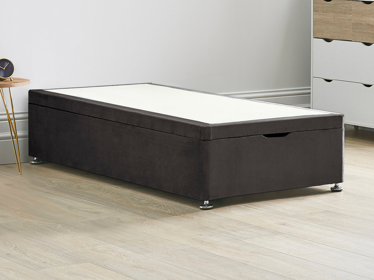 View Ottoman End Lift Divan Bed Base 30 Standard Single Raven Charcoal Grey Solid Sides Top Base Fixed Chrome Glide Feet information