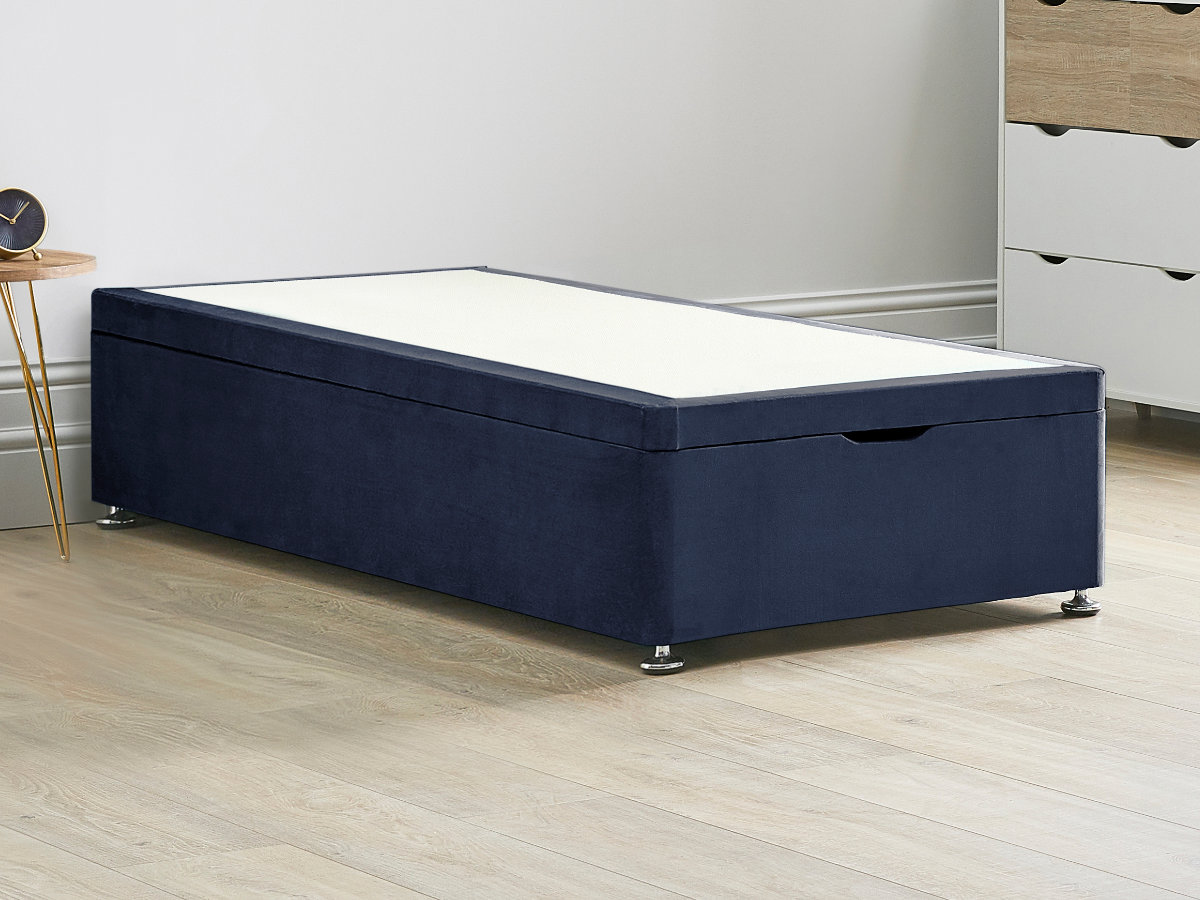 View Ottoman End Lift Divan Bed Base 30 Standard Single Sapphire Blue Solid Sides Top Base Fixed Chrome Glide Feet information