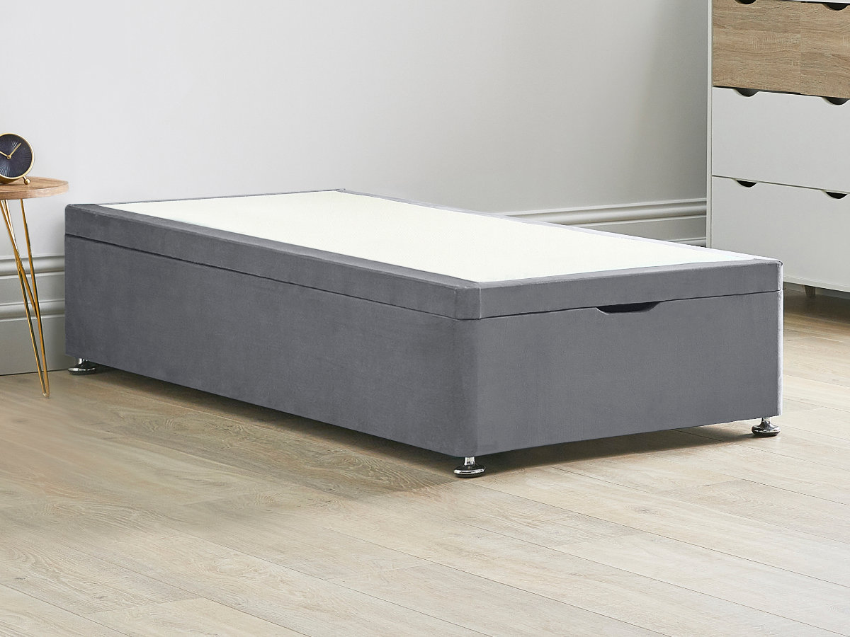 View Ottoman End Lift Divan Bed Base 30 Standard Single Titanium Grey Solid Sides Top Base Fixed Chrome Glide Feet information