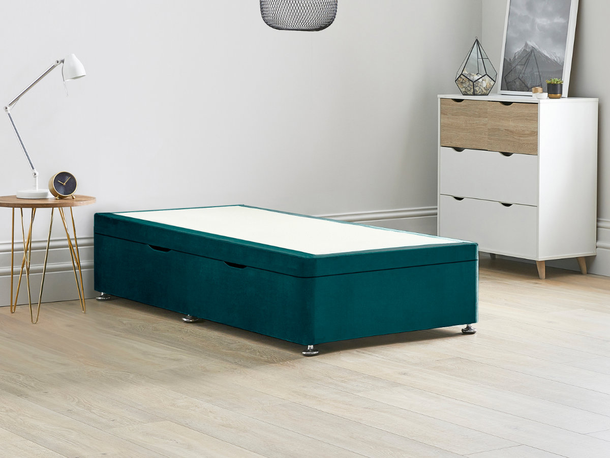 View Green Ottoman Storage Side Lift Divan Bed Base Mallard 30 Single Solid Sides Top Base Fixed Chrome Glide Feet information