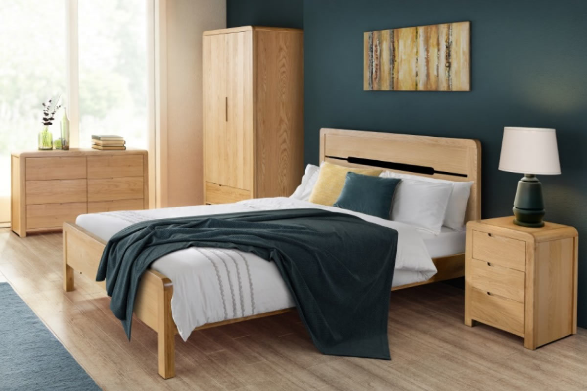 View 46 Double Size Solid Honey Oak Scandinavian Design Modern Loft Style Bed Frame Horizontal Plank Headboard With Spaces Between Boards Curve information