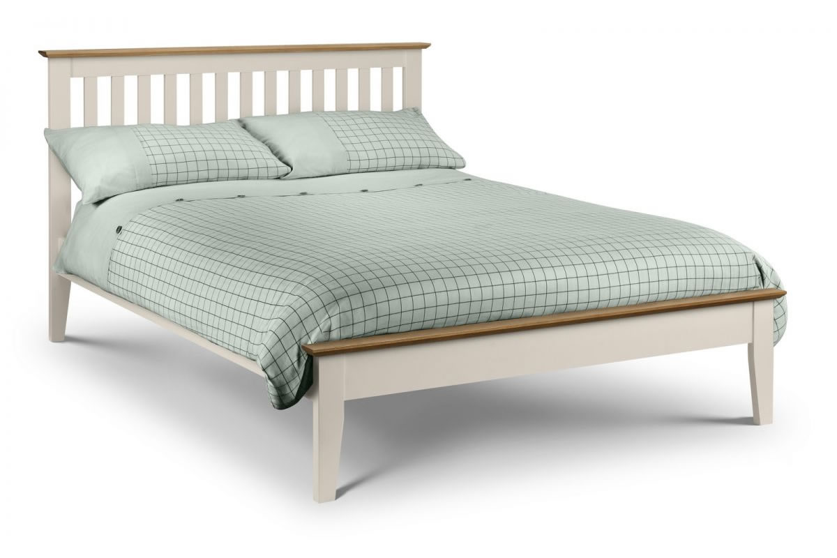 View 46 135cm Double Size Cream Wooden Bed Frame Shaker Styled Slatted Headboard With Oak Top Low Plank Footboard Slatted Base Salerno information