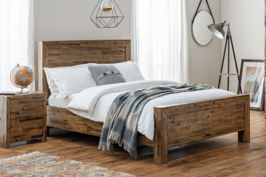 View Hoxton 46 135cm Double Size Acacia Hardwood Bed Frame High Chunky Headboard Low Foot End Rustic Finish Slatted Base Hoxton information