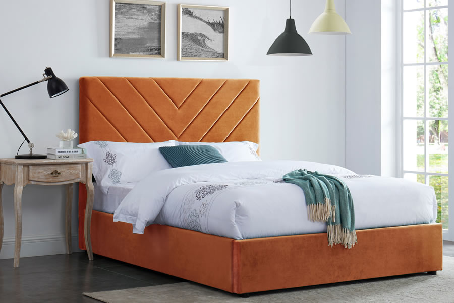 View 50 King Size Burnt Orange Velvet Fabric Bed Frame Chevron Pleated Deeply Padded High Headboard Low Foot Board Slatted Base Islington information