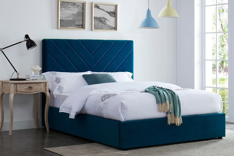 View 50 King Size Ocean Blue Velvet Fabric Bed Frame Chevron Pleated Deeply Padded High Headboard Low Foot Board Slatted Base Islington information