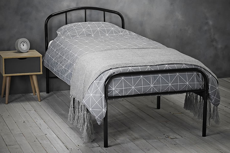 View 30 Single Size Black Metal Antique Hospital Style Metal Tubular Bed Frame Curved Headboard Steel Frame Robust Slatted Base Milton information