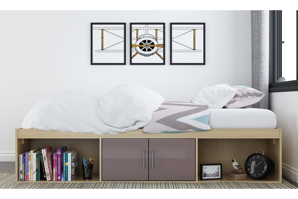 View Childrens Single 30 Oak Effect Cabin Bedframe 3 Storage Boxes 2 High Gloss Grey Doors Dakota information