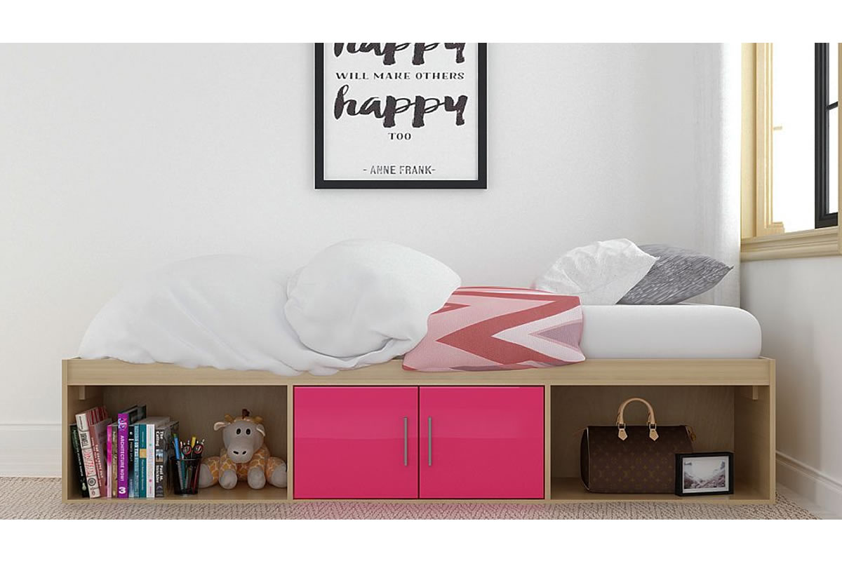 View Childrens Single 30 Oak Effect Cabin Bedframe 3 Storage Boxes 2 High Gloss Pink Doors Dakota information