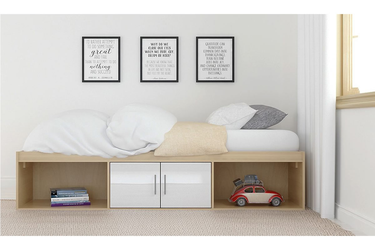 View Childrens Single 30 Oak Effect Cabin Bedframe 3 Storage Boxes 2 High Gloss White Doors Dakota information