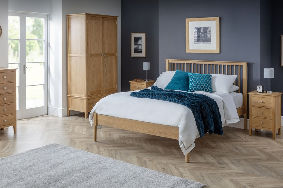 View 46 135cm Double Natural Oak Shaker Style Wooden Bed Frame Tall Framed Spindle Post Head End Low plain Foot Board Slatted Base Cotswold information