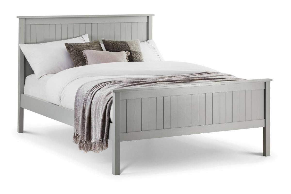 View 46 Double 135cm King Size Shaker Styled Grey Wooden Bed Frame High Headboard Features Vertical Slatted Panels Low Foot End Maine information