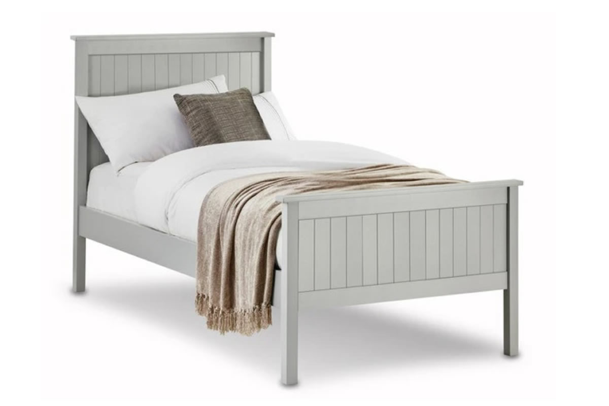 View 30 Single Single 90cm Shaker Styled Grey Wooden Bed Frame High Headboard Features Vertical Slatted Panels Low Foot End Maine information